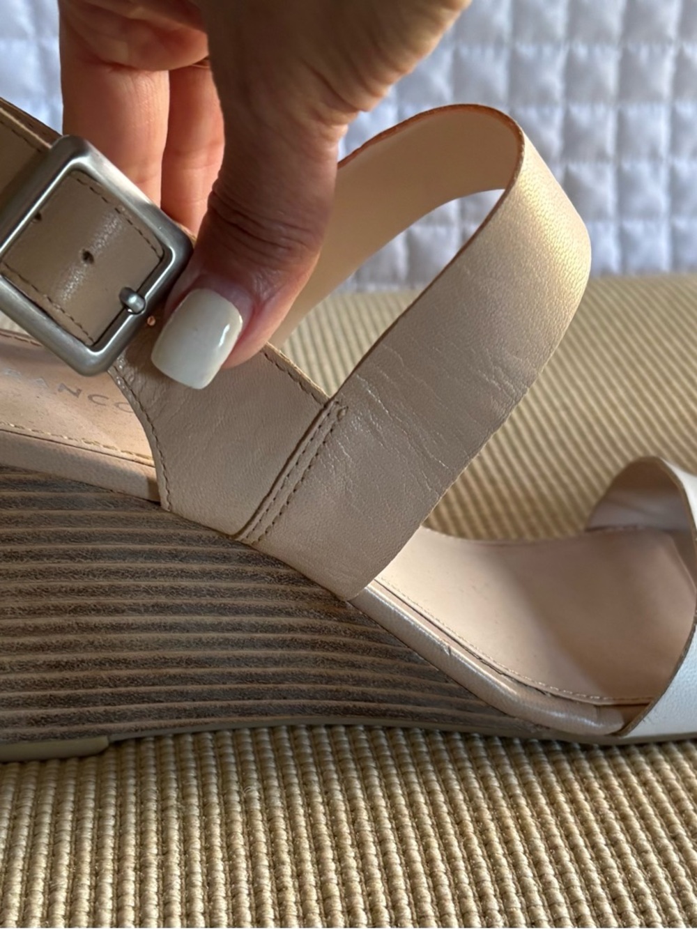 Franco Sarto Blush Cream Wedge Sandals with Buckle Strap